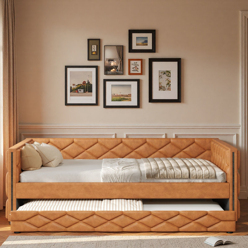 Upholstered Daybed With Trundle And Led, Brown