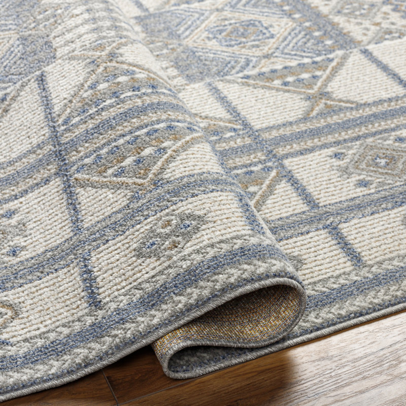 Rectangle Geometric Machine Woven Polypropylene Area Rug in Blue, Rectangle 5'3" x 7'