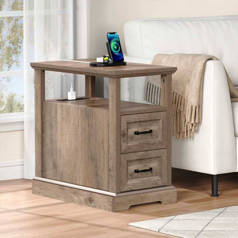 Kadric 2-Drawer Farmhouse End Table With Built-In Outlets, Gray