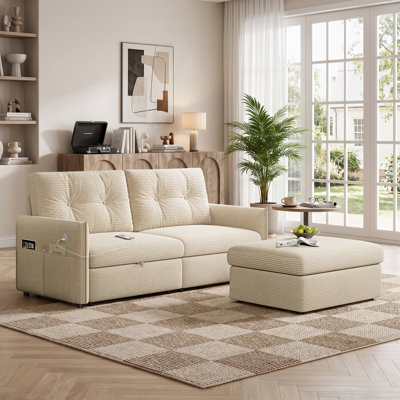 69.7" Corduroy Converstible Sectional Sofa Bed 2-in-1 Pull-out Sleeper Couch With Upholstered Movable Ottoman & Charging Station & Side Pockets