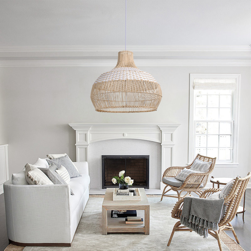 Calpella -Natural and White Rattan Light Pendant, 23.62" H x 23.62" W x 23.62" D