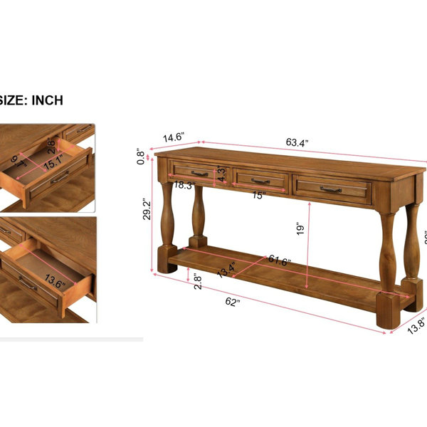Latitude Run® 63'' Console Table With Solid Wood Frame, 3 Drawers & 1 ...
