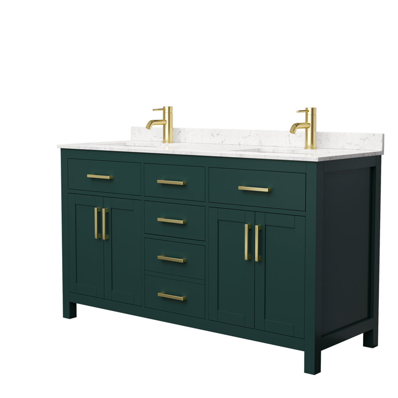 Meuble-lavabo double autoportant de 60 po avec plateau en marbre Beckett, Vert, Noir mat, Marbre de culture de Carrare