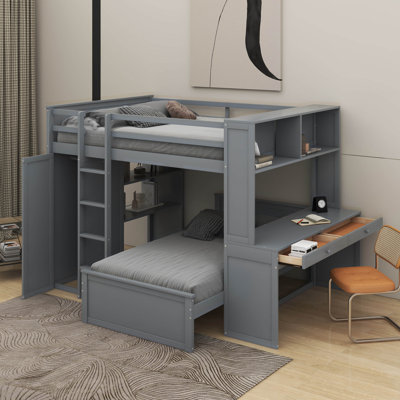 Lit mezzanine double avec lit autonome, tablettes, bureau et garde-robe
