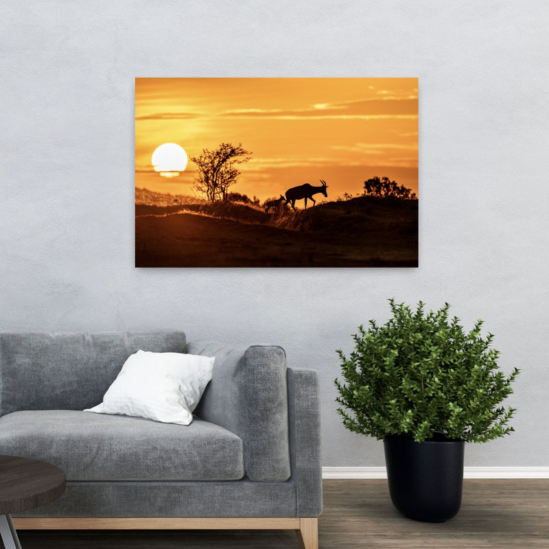 Golden Antelope Sunset, art dramatique paisible, paysage animal tranquille, 32" H x 48" W
