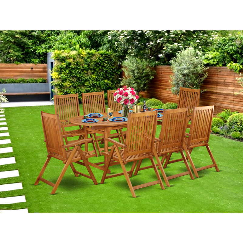 9 Piece Patio Bistro Dining Furniture Set Includes an Oval Outdoor Acacia Wood Table and 8 Folding Adjustable Arm Chairs, 36x78 Inch, Natural Oil