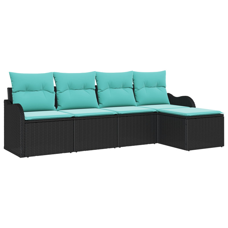 vidaXL Garden Sofa Set 5 pcs Black Poly Rattan, Black Frame/Blue Cushion