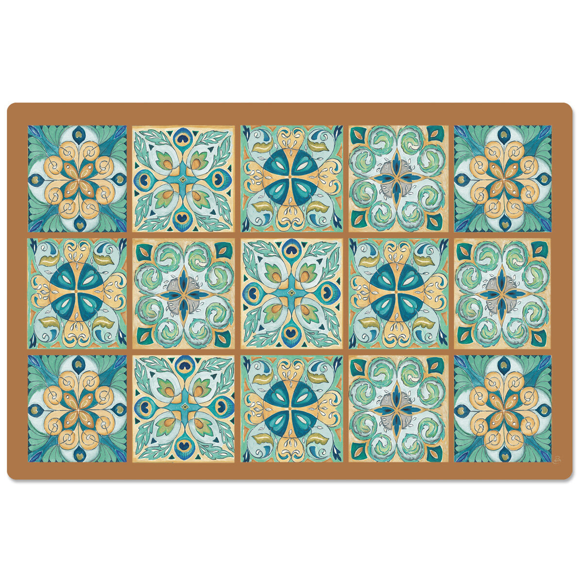 Blue and Turquoise Vinyl Kitchen Rug, With Moroccan Tiles Design