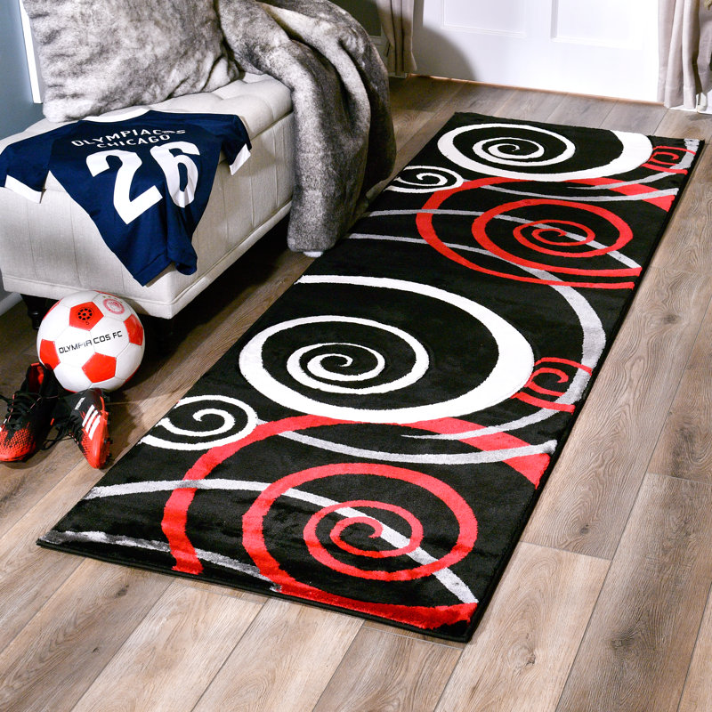 Tapis noir / rouge à motif abstrait Adonia, Tapis de couloir 2 pi 8 po x 11 pi 10 po