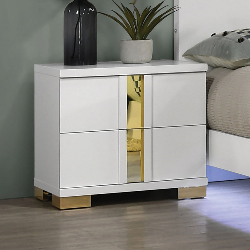 Table de chevet pour chambre à coucher, Blanc, blanc et or