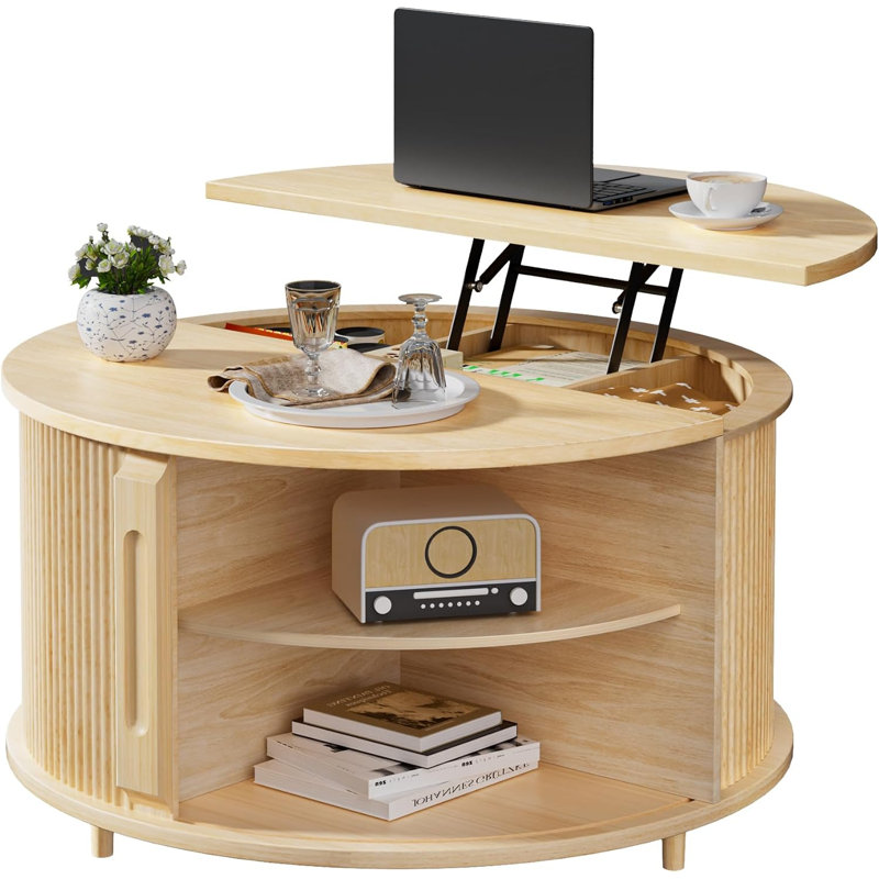 Table basse ronde de 80 cm avec plateau relevable, portes coulissantes cannelées et rangement, Natural Oak