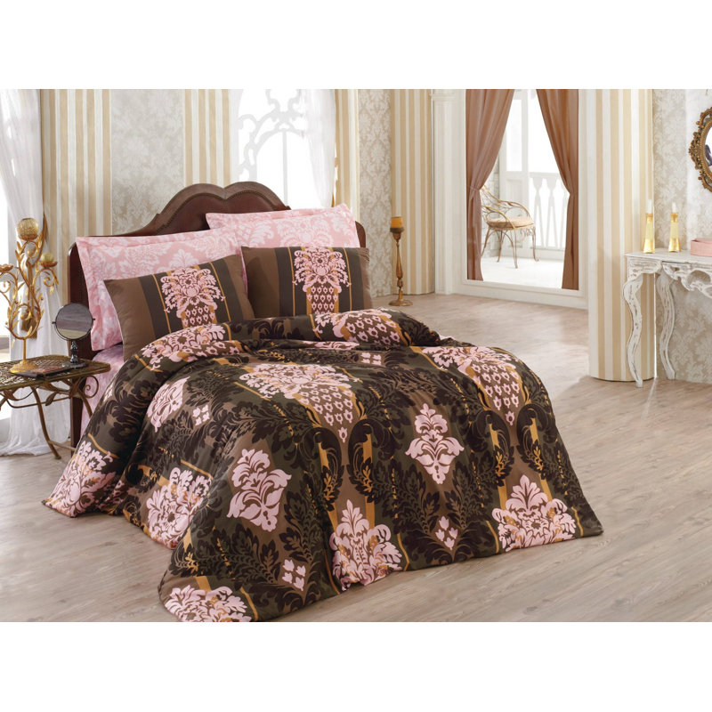 Ensemble de housse de couette 100% coton brun / rose Bosse, Housse de couette double + 2 taies d'oreiller stan
