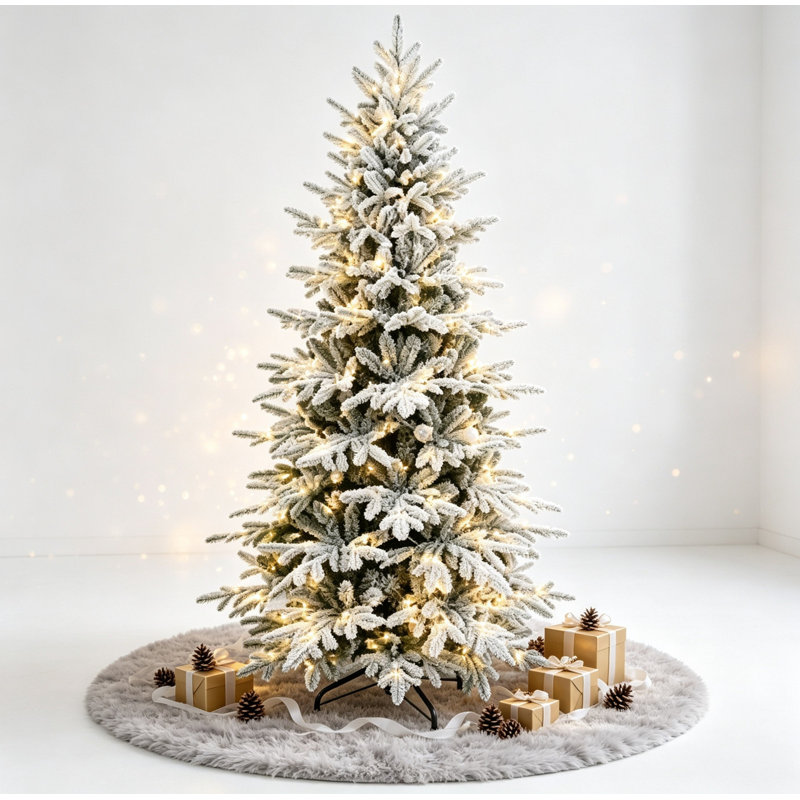 Sapin de Noël artificiel floqué d'hiver, préilluminé, 9 réglages d'éclairage à DEL double, PE en PVC, support en métal, décoration intérieure pour Noël et le Nouvel An