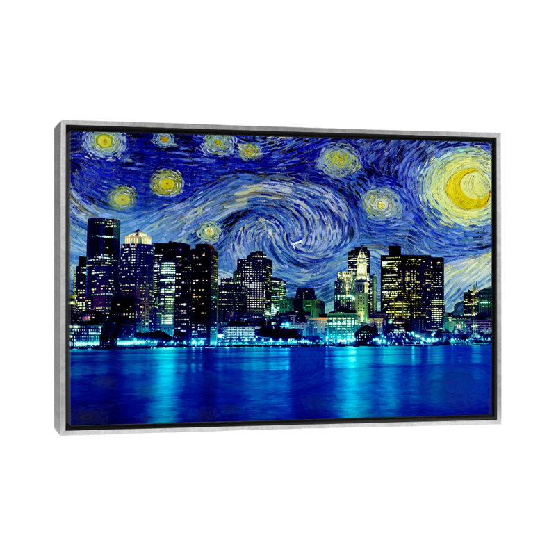 Boston, Massachusetts, nuit étoilée, impression d'art graphique, H 40 po x l 60 po x 1,5 po, Toile encadrée argentée