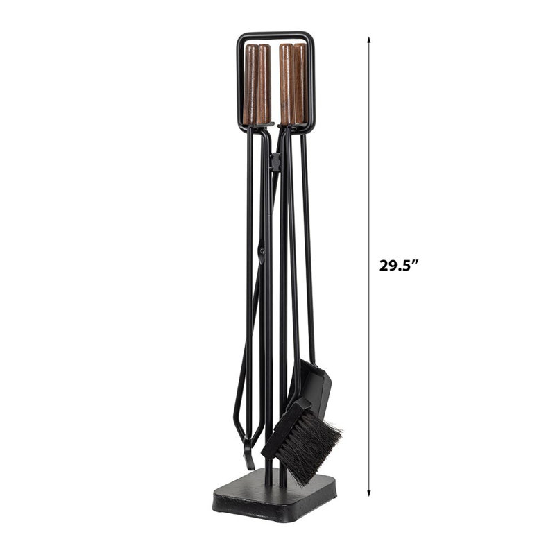 Modern Ember Levi 5 Piece Fireplace Tool Set in Wood Handles, Black