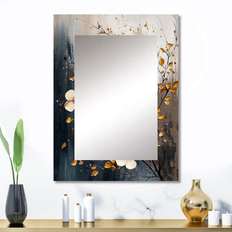 White Gold Cherry Blossom Botanical Florals I - Cherry Blossom Mirror, Traditional Unique Wall Mirror, Printed Metal Art