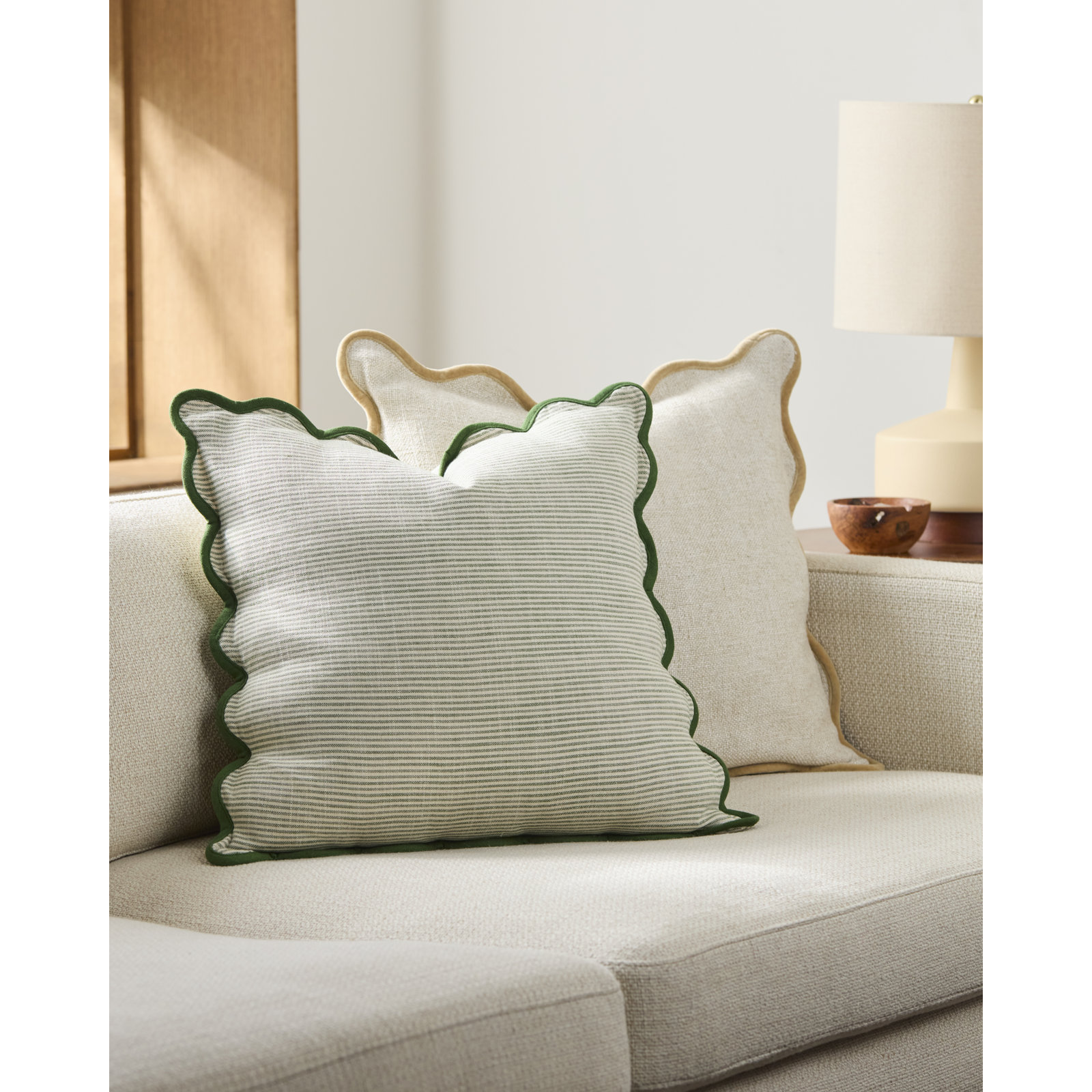 Arcella Striped Cotton Throw Pillow, Green/White, Square 18", Duck Down