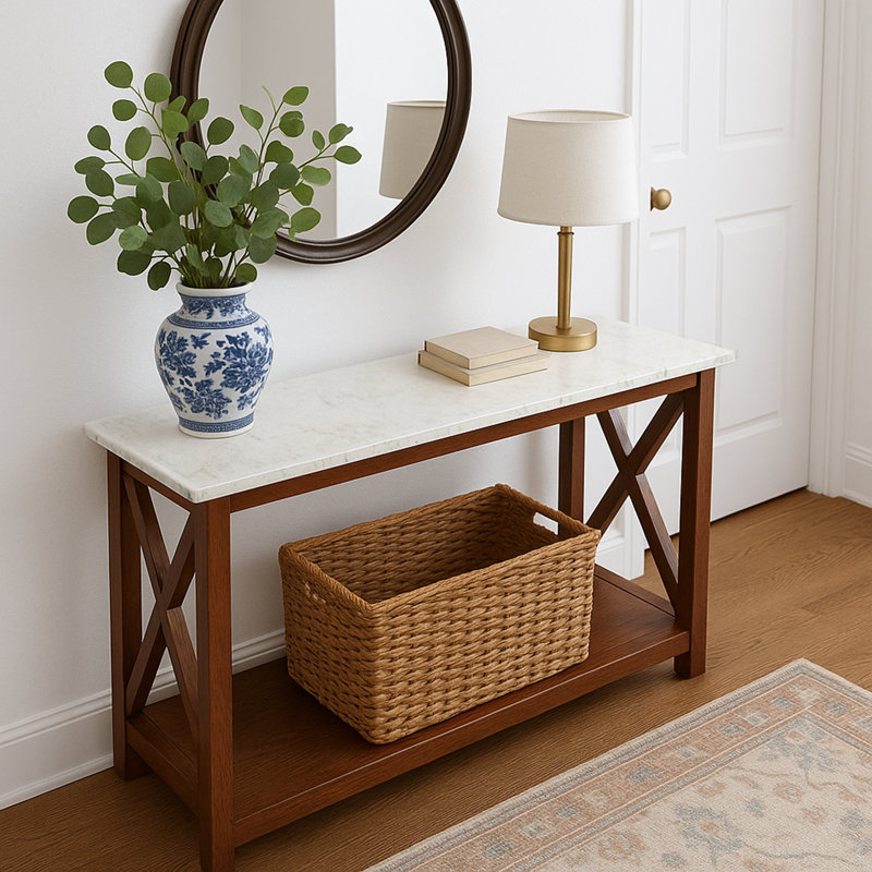 Luisa 39" Rectangular Italian Carrara White Marble Console Table With Solid Wood Legs, Brown