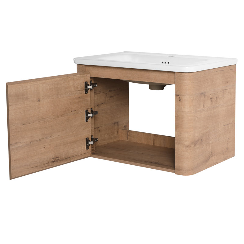 Meuble-lavabo de 28 po avec lavabo en céramique blanche, 1 porte, contreplaqué, bords arrondis et trou de trop-plein, 3 charnières, 45 poignées dissimulées, contreplaqué à surface lisse