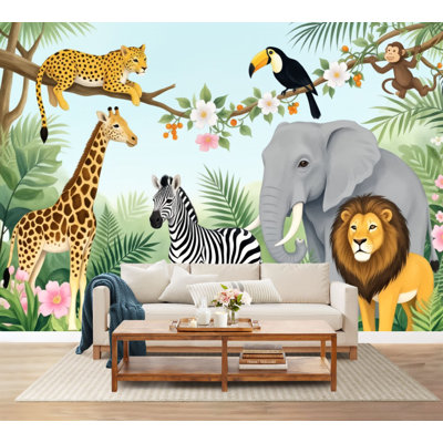 Wall Mural Peel and Stick Wallpaper Animals Leopard Branch Zebra Standing Giraffe Center Elephant Tusks Self-Adhesive Removable Contact Paper Wall Decor for Living Room Bedroom 69"H x 96"W