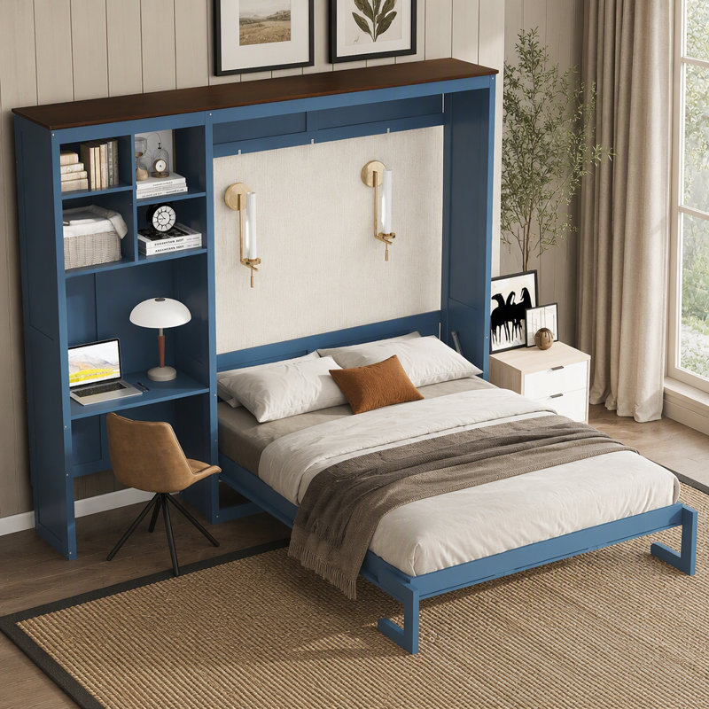 Lit escamotable avec bureau intégré et armoire de rangement à plusieurs niveaux, lit mural pliable, lit gain de place dissimulé pour appartement, bureau ou chambre d'amis