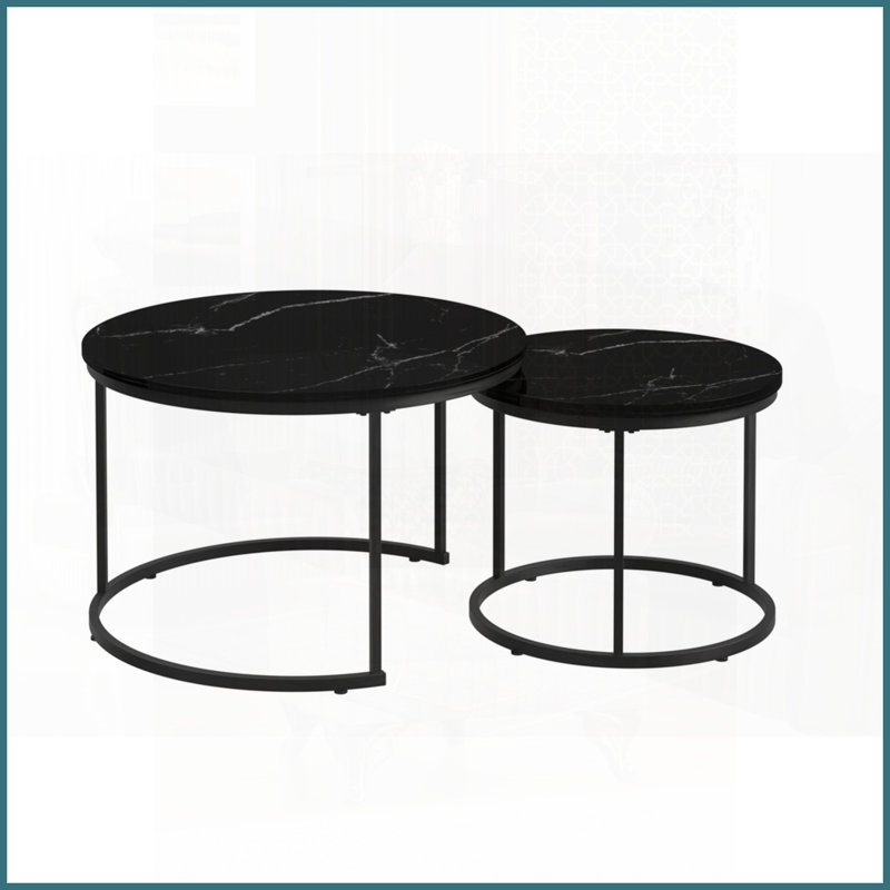 Ensemble de 2 tables basses rondes peu encombrantes avec plateau en marbre et amp; Structure en métal robuste, assemblage facile en 10 minutes pour le salon