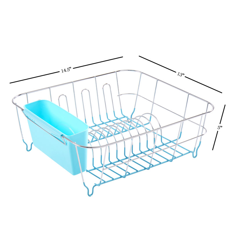 Chrome Plated Steel 2-Piece Compact Dish Drainer with Utensil Caddy, Turquoise