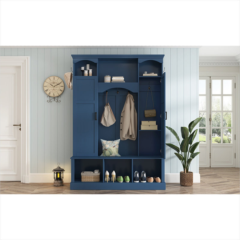 Arbre d'entrée avec banc et rangement, bleu foncé, 77 pouces de haut, 7 crochets et tablettes réglables