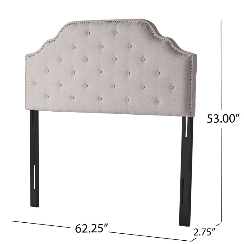 Grand lit et tête de lit double en tissu gris - touche contemporaine avec capitonnage à boutons et garniture cloutée délicieuse