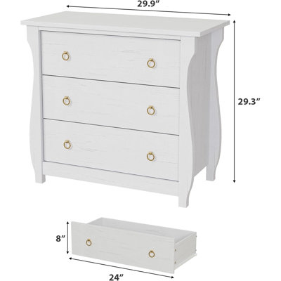 Commode 3 tiroirs en bois, coffre de rangement de 29,3 po de hauteur pour chambre à coucher, salon ou entrée, finition blanche
