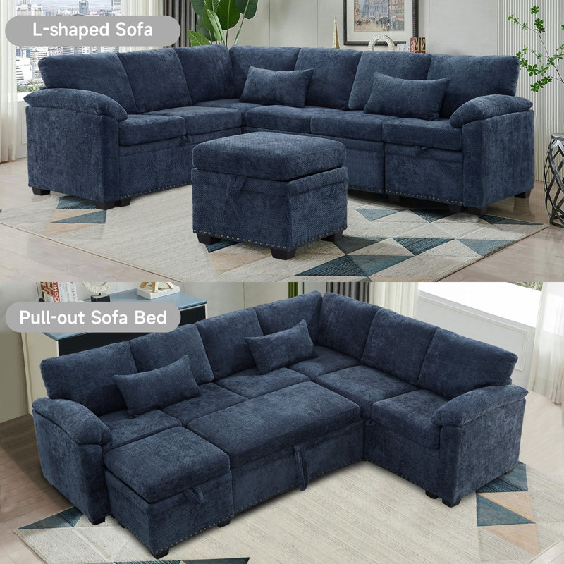 97" L-Shaped Upholstered Chenille Put-Out Sofa Bed Sectional with Storage Ottoman and 2 Pillows, Blue Chenille