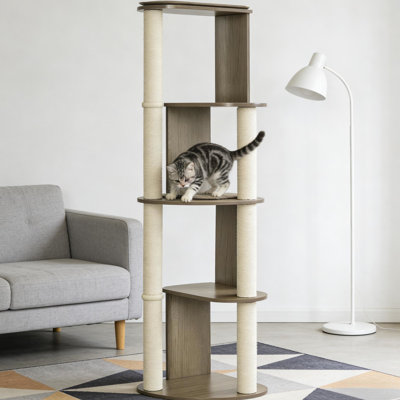 Arbre à chat d'angle de 65 po de hauteur, quatre plateformes rembourrées pour le repos, poteaux à griffer, basculement, couleur blanche, plateformes pour chats de moins de 10 lb, structure basculante,
