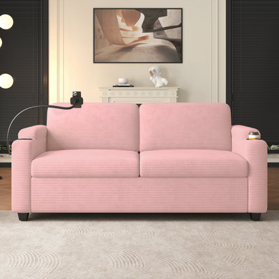 72.8" Corduroy Sleeper Sofa Loveseat Sofa With Full Size Mattress, Two USB Ports, Two Cup Holders, Two Side Pockets And A Phone Holder For Living Room, Pink