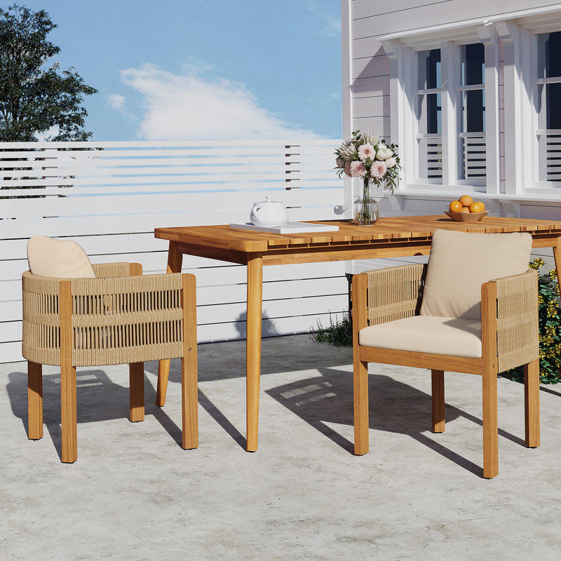 Ensemble de 2 chaises d'extérieur en bois d'acacia avec poignées en corde, Beige