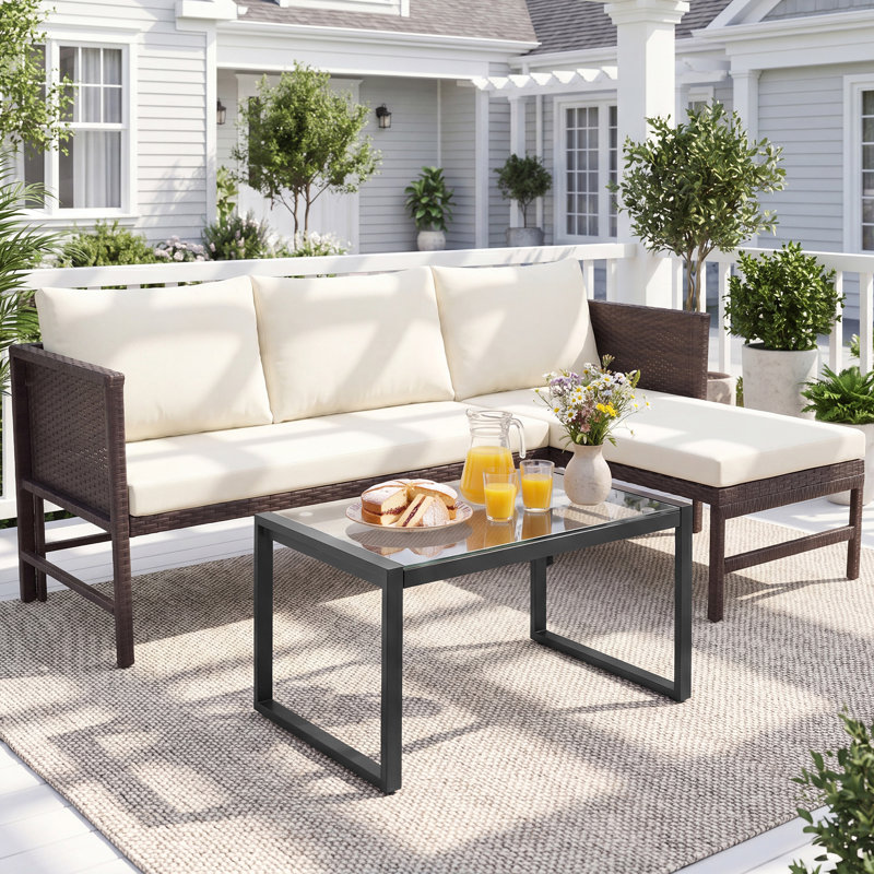 3 Piece Patio Conversation Sofa Seating Group With Cushions, Cream