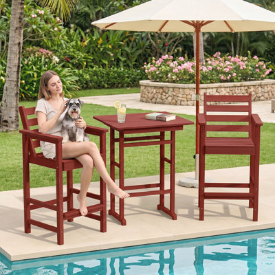 Adirondack Bar Table & 2 Chairs Set, 3-Piece Outdoor Bar Height Stool Set for Patio, Garden & Poolside - Red