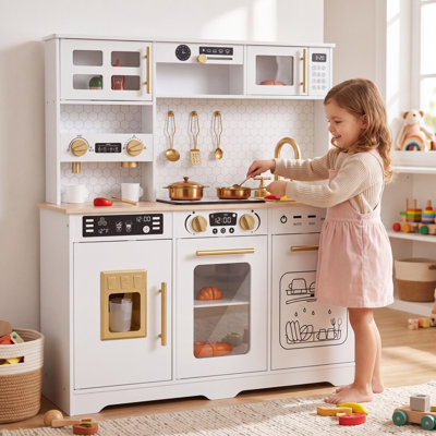 Wooden Kids Play Kitchen Set with Lights & Sounds, Pretend Play Kitchen with Accessories for Toddlers Ages 3-8