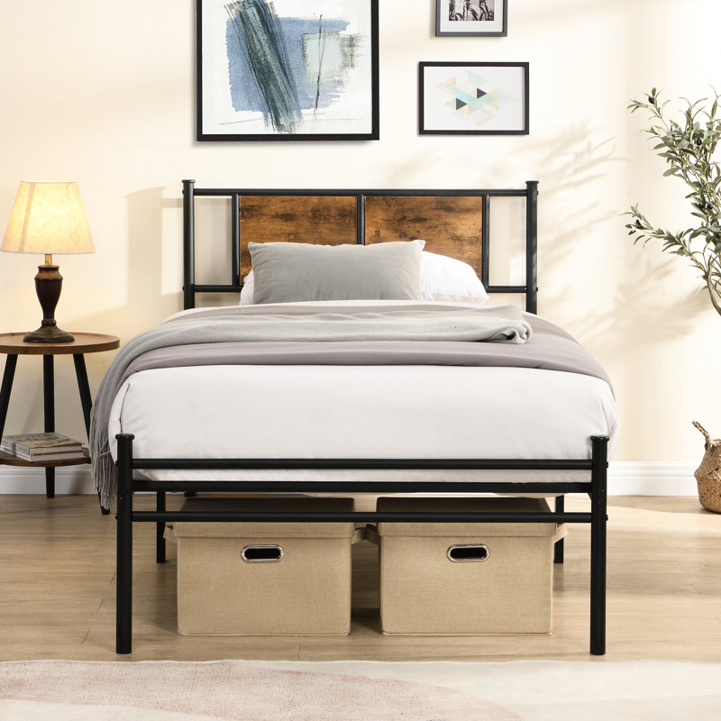 Cadre de lit simple en métal, tête de lit avec décoration en bois, noir