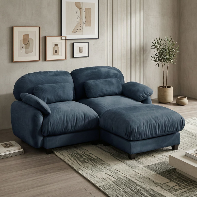 Canapé de coin modulable deux places avec pouf amovible, Bleu