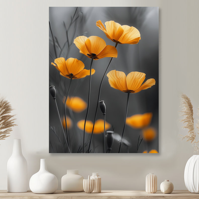 «Yellow Poppies», reproduction d'art murale jaune et gris, Métal métal, H 32 po x l 16 po x P 1 po