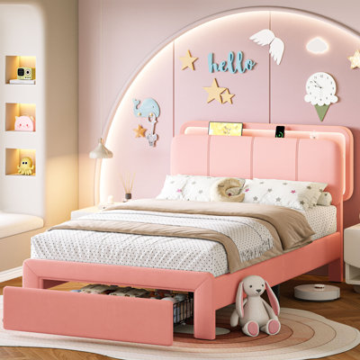  Structure de lit simple tapissier en velours avec tête de lit et tiroirs de rangement, structure de lit plateforme princesse avec station de charge et DEL, aucun sommier nécessaire, beige