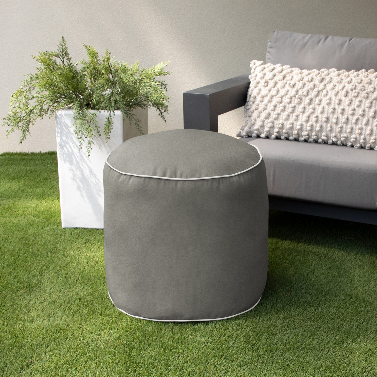 Demi Round Upholstered Outdoor Ottoman with Sunbrella® Cushion, Canvas Charcoal/Canvas Natural Cord