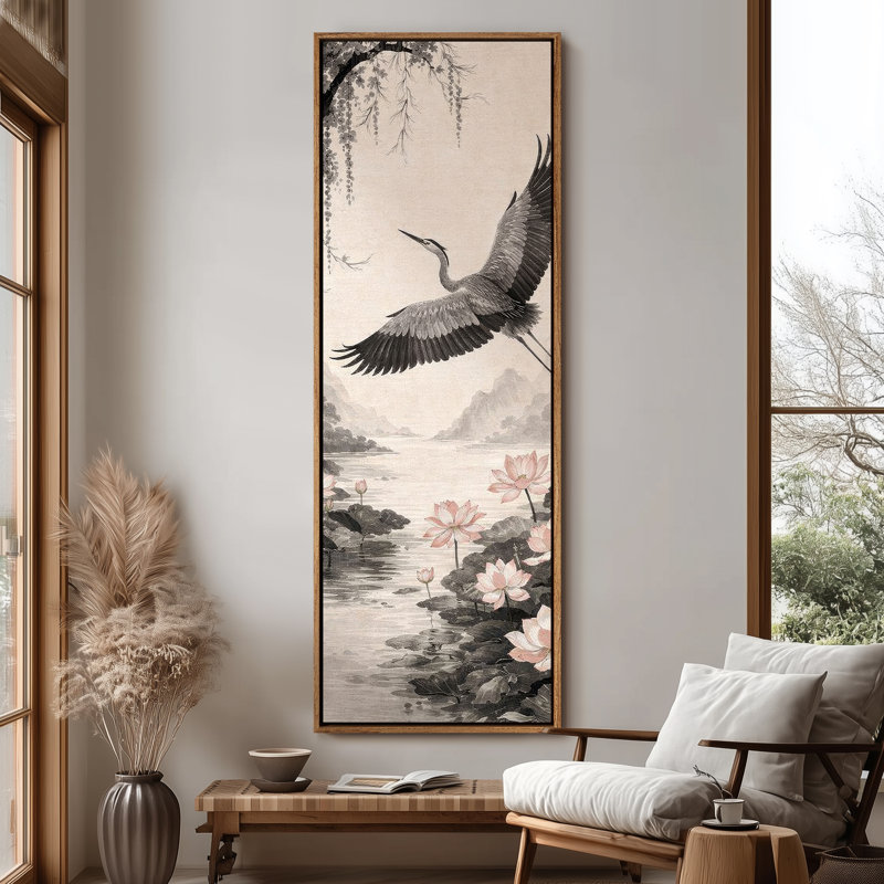 Impression sur toile encadrée très grand oiseau de style asiatique, H 60 po x l 20 po, Naturel