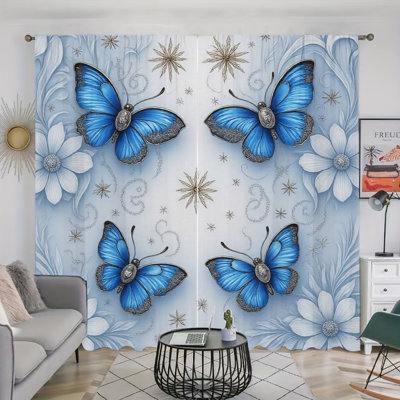 2Pcs rideaux papillon bleu, motif floral élégant, rideaux de fenêtre à passe-tringle, style jardin fantaisiste, décoration de fenêtre d'étude de salon