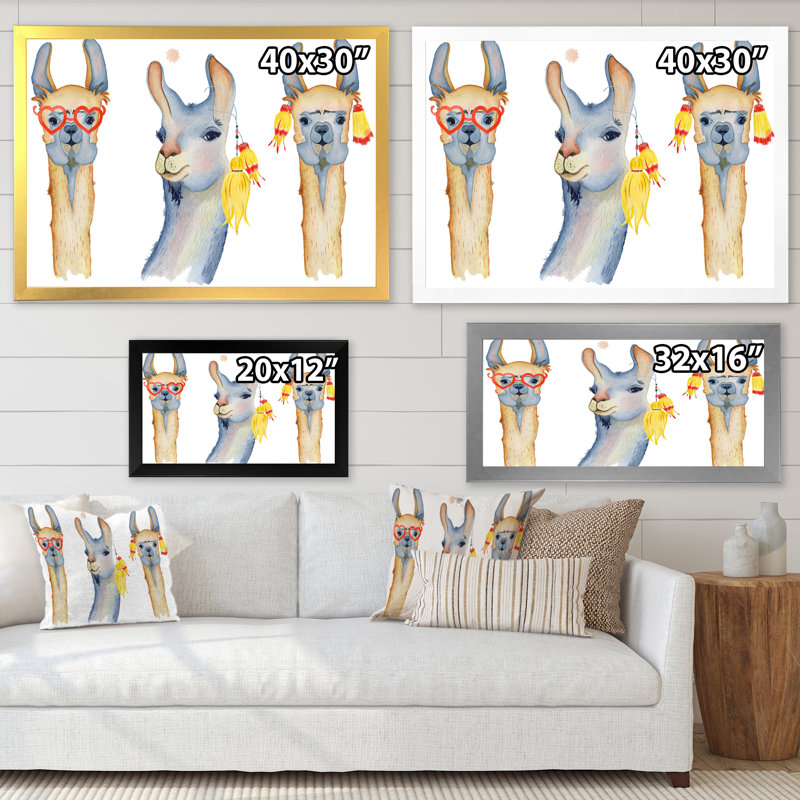 Dessin de mignon lama mignon I - reproduction sur toile, H 24 po x l 32 po, Cadre photo blanc