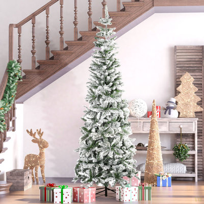 7.5Ft Unlit Snow-Flocked Slim Pine Artificial Christmas Tree With Realistic Branches And 668 Tips