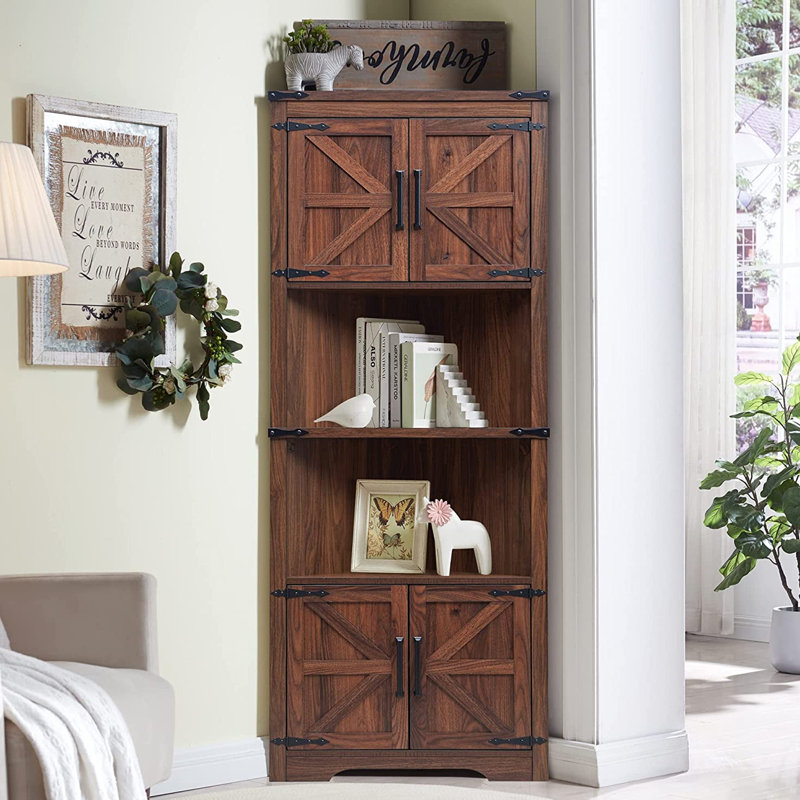 Tall Corner Storage Cabinet with Barn Door and Adjustable Shelves, Brown