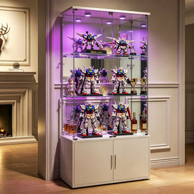 Vitrine 65 po en verre avec DEL et serrure, vitrines à 3 tablettes avec portes en verre, vitrines sans cadre pour collections, vitrine vitrée pour salon, bureau, blanc