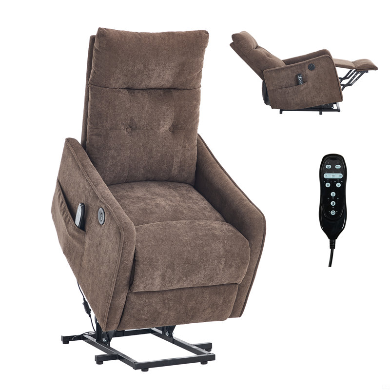Chenille Single Motor Power Lift Recliner Chair With Massage And Heat, Brown