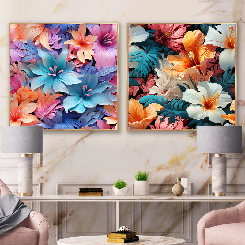 Tropical Dreamscape III - motif tropical - ensemble de 2 collages carrés floraux, Cadre flottant doré, H 16 po x l 33 po